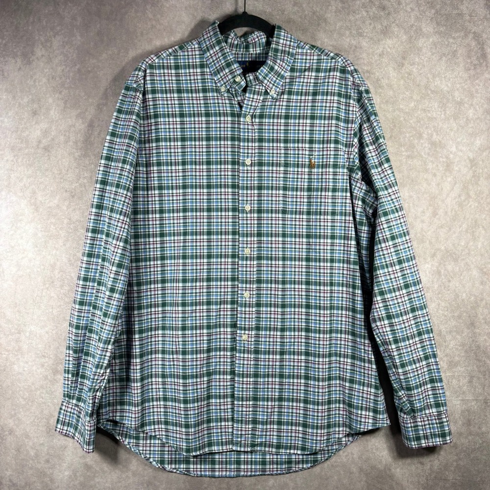 Ralph Lauren Button Down Mens L Green Plaid Shirt Classic Fit Cotton Flesh Pony